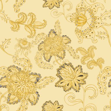 Suluboya desensiz, folky çiçekli ve yapraklı, etnik tarzda. Çiçek süsleme. Geleneksel şal deseni. Tekstil tasarım dokusu. Kabilesel etnik klasik dikişsiz model..