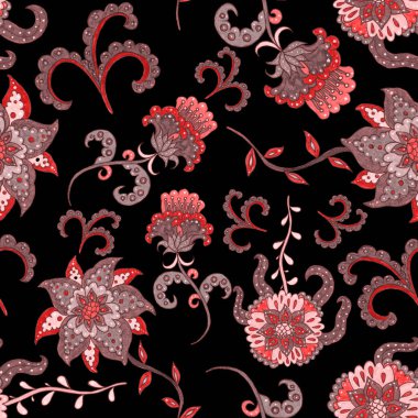 Suluboya desensiz, folky çiçekli ve yapraklı, etnik tarzda. Çiçek süsleme. Geleneksel şal deseni. Tekstil tasarım dokusu. Kabilesel etnik klasik dikişsiz model..