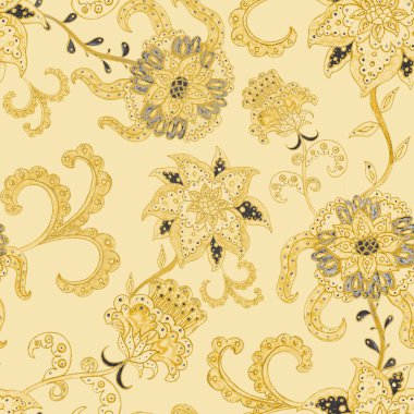 Suluboya desensiz, folky çiçekli ve yapraklı, etnik tarzda. Çiçek süsleme. Geleneksel şal deseni. Tekstil tasarım dokusu. Kabilesel etnik klasik dikişsiz model..