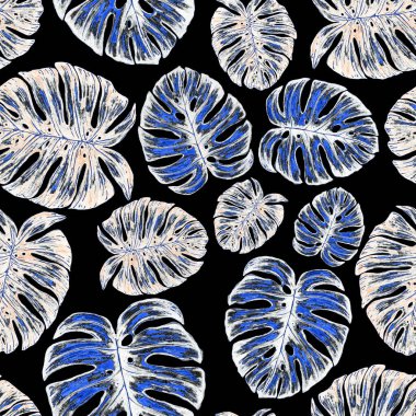 Tropikal yapraklarla suluboya kusursuz desen. Elle çizilmiş egzotik bitkilerle çok güzel bir iz. Mayo botanik tasarımı.