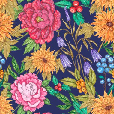 Çiçek buketli suluboya desenli. Klasik botanik çizimi. Her türlü tasarım için zarif bir dekorasyon. Renkli ve soyut çiçekli moda baskısı. Suluboya dokusu.