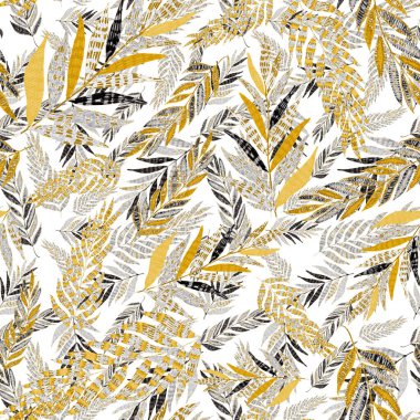 Yaratıcı renkli tropikal yaprakları olan modern, soyut, pürüzsüz desen. Geçmişe dönük parlak yaz geçmişi. Orman yaprakları çizimi. Mayo botanik tasarımı. Antika egzotik baskı.