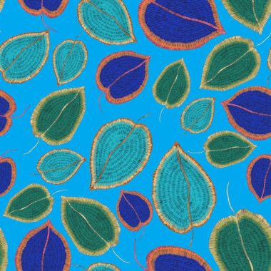Yaratıcı renkli tropikal yaprakları olan modern, soyut, pürüzsüz desen. Geçmişe dönük parlak yaz geçmişi. Orman yaprakları çizimi. Mayo botanik tasarımı. Antika egzotik baskı.