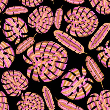 Yaratıcı renkli tropikal yaprakları olan modern, soyut, pürüzsüz desen. Geçmişe dönük parlak yaz geçmişi. Orman yaprakları çizimi. Mayo botanik tasarımı. Antika egzotik baskı.