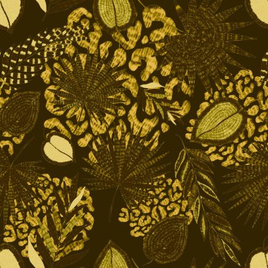 Yaratıcı renkli tropikal yaprakları ve leopar benekleri olan modern soyut ve pürüzsüz desen. Geçmişe dönük parlak yaz geçmişi. Orman yaprakları çizimi. Mayo botanik tasarımı. Antika egzotik baskı.