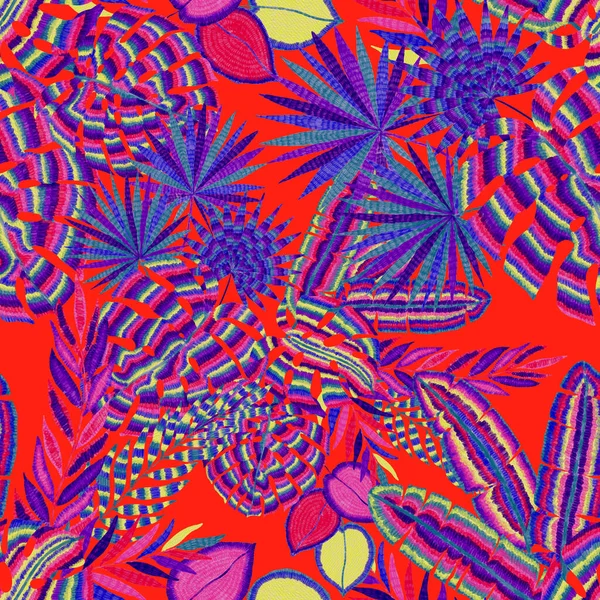 Padrão Abstrato Sem Costura Moderna Com Folhas Tropicais Coloridas Criativas — Fotografia de Stock