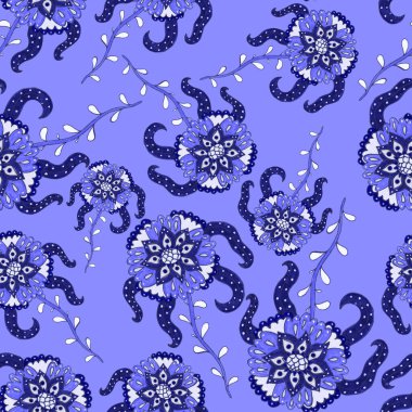 Suluboya desensiz, folky çiçekli ve yapraklı, etnik tarzda. Çiçek süsleme. Geleneksel şal deseni. Tekstil tasarım dokusu. Kabilesel etnik klasik dikişsiz model..