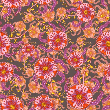Suluboya desensiz, folky çiçekli ve yapraklı, etnik tarzda. Çiçek süsleme. Geleneksel şal deseni. Tekstil tasarım dokusu. Kabilesel etnik klasik dikişsiz model..