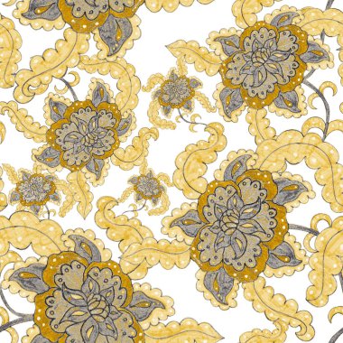 Suluboya desensiz, folky çiçekli ve yapraklı, etnik tarzda. Çiçek süsleme. Geleneksel şal deseni. Tekstil tasarım dokusu. Kabilesel etnik klasik dikişsiz model..