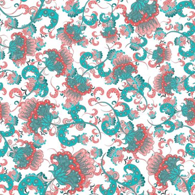 Suluboya desensiz, folky çiçekli ve yapraklı, etnik tarzda. Çiçek süsleme. Geleneksel şal deseni. Tekstil tasarım dokusu. Kabilesel etnik klasik dikişsiz model..