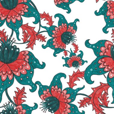 Suluboya desensiz, folky çiçekli ve yapraklı, etnik tarzda. Çiçek süsleme. Geleneksel şal deseni. Tekstil tasarım dokusu. Kabilesel etnik klasik dikişsiz model..