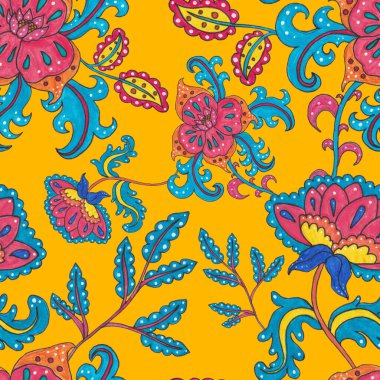 Suluboya desensiz, folky çiçekli ve yapraklı, etnik tarzda. Çiçek süsleme. Geleneksel şal deseni. Tekstil tasarım dokusu. Kabilesel etnik klasik dikişsiz model..