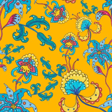 Suluboya desensiz, folky çiçekli ve yapraklı, etnik tarzda. Çiçek süsleme. Geleneksel şal deseni. Tekstil tasarım dokusu. Kabilesel etnik klasik dikişsiz model..