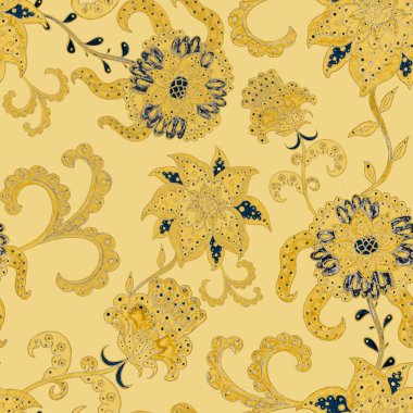 Suluboya desensiz, folky çiçekli ve yapraklı, etnik tarzda. Çiçek süsleme. Geleneksel şal deseni. Tekstil tasarım dokusu. Kabilesel etnik klasik dikişsiz model..