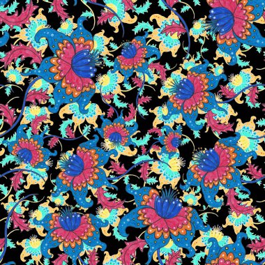 Suluboya desensiz, folky çiçekli ve yapraklı, etnik tarzda. Çiçek süsleme. Geleneksel şal deseni. Tekstil tasarım dokusu. Kabilesel etnik klasik dikişsiz model..