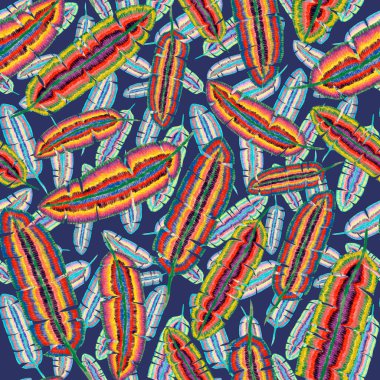  Yaratıcı renkli tropikal yaprakları olan modern, soyut, pürüzsüz desen. Geçmişe dönük parlak yaz geçmişi. Orman yaprakları çizimi. Mayo botanik tasarımı. Antika egzotik baskı.