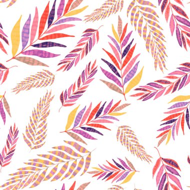 Yaratıcı renkli tropikal yaprakları olan modern, soyut, pürüzsüz desen. Geçmişe dönük parlak yaz geçmişi. Orman yaprakları çizimi. Mayo botanik tasarımı. Antika egzotik baskı.
