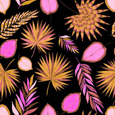  Yaratıcı renkli tropikal yaprakları olan modern, soyut, pürüzsüz desen. Geçmişe dönük parlak yaz geçmişi. Orman yaprakları çizimi. Mayo botanik tasarımı. Antika egzotik baskı.