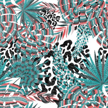 Yaratıcı renkli tropikal yaprakları ve leopar benekleri olan modern soyut ve pürüzsüz desen. Geçmişe dönük parlak yaz geçmişi. Orman yaprakları çizimi. Mayo botanik tasarımı. Antika egzotik baskı.