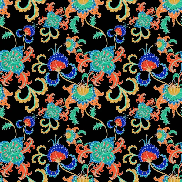 Suluboya desensiz, folky çiçekli ve yapraklı, etnik tarzda. Çiçek süsleme. Geleneksel şal deseni. Tekstil tasarım dokusu. Kabilesel etnik klasik dikişsiz model..