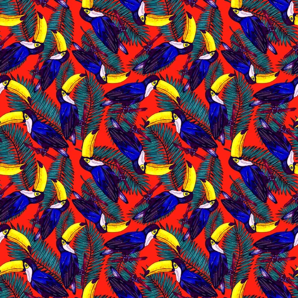 Watercolor Seamless Pattern Toucan Exotic Botanical Jungle Wallpaper Tropical Bird — Stock Photo, Image
