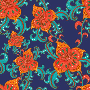 Suluboya desensiz, folky çiçekli ve yapraklı, etnik tarzda. Çiçek süsleme. Geleneksel şal deseni. Tekstil tasarım dokusu. Kabilesel etnik klasik dikişsiz model..