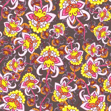 Suluboya desensiz, folky çiçekli ve yapraklı, etnik tarzda. Çiçek süsleme. Geleneksel şal deseni. Tekstil tasarım dokusu. Kabilesel etnik klasik dikişsiz model..