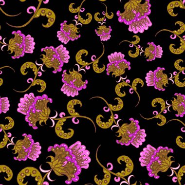 Suluboya desensiz, folky çiçekli ve yapraklı, etnik tarzda. Çiçek süsleme. Geleneksel şal deseni. Tekstil tasarım dokusu. Kabilesel etnik klasik dikişsiz model..