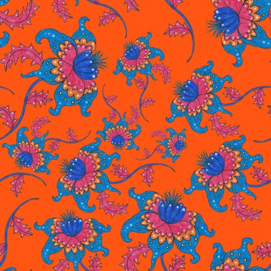 Suluboya desensiz, folky çiçekli ve yapraklı, etnik tarzda. Çiçek süsleme. Geleneksel şal deseni. Tekstil tasarım dokusu. Kabilesel etnik klasik dikişsiz model..