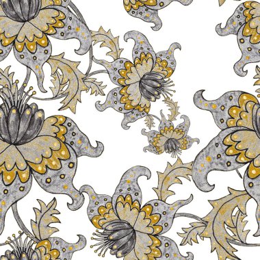 Suluboya desensiz, folky çiçekli ve yapraklı, etnik tarzda. Çiçek süsleme. Geleneksel şal deseni. Tekstil tasarım dokusu. Kabilesel etnik klasik dikişsiz model..