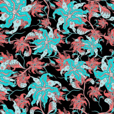 Suluboya desensiz, folky çiçekli ve yapraklı, etnik tarzda. Çiçek süsleme. Geleneksel şal deseni. Tekstil tasarım dokusu. Kabilesel etnik klasik dikişsiz model..