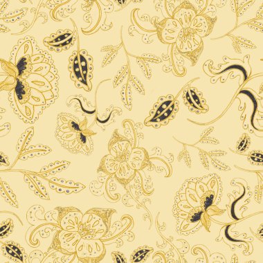 Suluboya desensiz, folky çiçekli ve yapraklı, etnik tarzda. Çiçek süsleme. Geleneksel şal deseni. Tekstil tasarım dokusu. Kabilesel etnik klasik dikişsiz model..