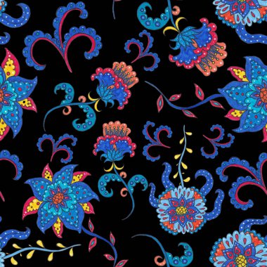 Suluboya desensiz, folky çiçekli ve yapraklı, etnik tarzda. Çiçek süsleme. Geleneksel şal deseni. Tekstil tasarım dokusu. Kabilesel etnik klasik dikişsiz model..
