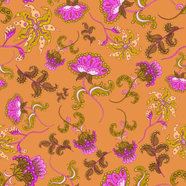 Suluboya desensiz, folky çiçekli ve yapraklı, etnik tarzda. Çiçek süsleme. Geleneksel şal deseni. Tekstil tasarım dokusu. Kabilesel etnik klasik dikişsiz model..