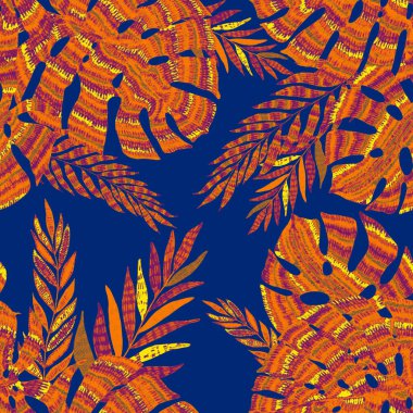 Yaratıcı renkli tropikal yaprakları olan modern, soyut, pürüzsüz desen. Geçmişe dönük parlak yaz geçmişi. Orman yaprakları çizimi. Mayo botanik tasarımı. Antika egzotik baskı.