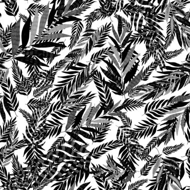 Yaratıcı renkli tropikal yaprakları olan modern, soyut, pürüzsüz desen. Geçmişe dönük parlak yaz geçmişi. Orman yaprakları çizimi. Mayo botanik tasarımı. Antika egzotik baskı.