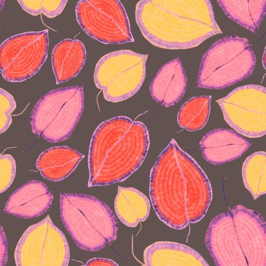 Yaratıcı renkli tropikal yaprakları olan modern, soyut, pürüzsüz desen. Geçmişe dönük parlak yaz geçmişi. Orman yaprakları çizimi. Mayo botanik tasarımı. Antika egzotik baskı.