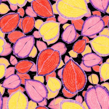 Yaratıcı renkli tropikal yaprakları olan modern, soyut, pürüzsüz desen. Geçmişe dönük parlak yaz geçmişi. Orman yaprakları çizimi. Mayo botanik tasarımı. Antika egzotik baskı.