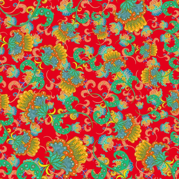 Suluboya desensiz, folky çiçekli ve yapraklı, etnik tarzda. Çiçek süsleme. Geleneksel şal deseni. Tekstil tasarım dokusu. Kabilesel etnik klasik dikişsiz model..