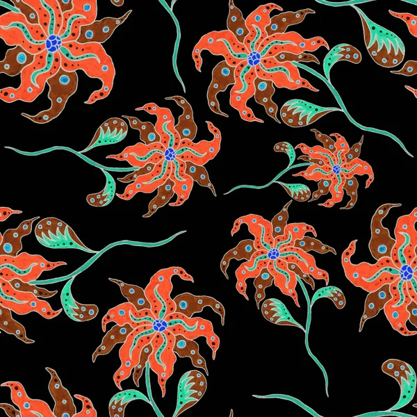 Suluboya desensiz, folky çiçekli ve yapraklı, etnik tarzda. Çiçek süsleme. Geleneksel şal deseni. Tekstil tasarım dokusu. Kabilesel etnik klasik dikişsiz model..