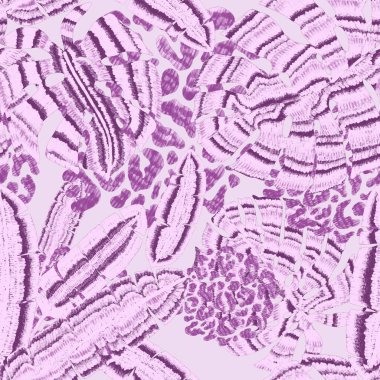 Yaratıcı renkli tropikal yaprakları ve leopar benekleri olan modern soyut ve pürüzsüz desen. Geçmişe dönük parlak yaz geçmişi. Orman yaprakları çizimi. Mayo botanik tasarımı. Antika egzotik baskı.