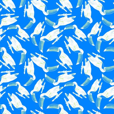 Tukanla dikişsiz suluboya desen. Tropik kuşlu ve yapraklı egzotik botanik orman duvar kağıdı. Parlak yaz şablonu geçmişi.