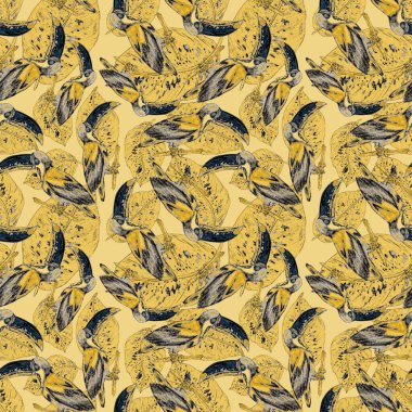 Tukanla dikişsiz suluboya desen. Tropik kuşlu ve yapraklı egzotik botanik orman duvar kağıdı. Parlak yaz şablonu geçmişi.