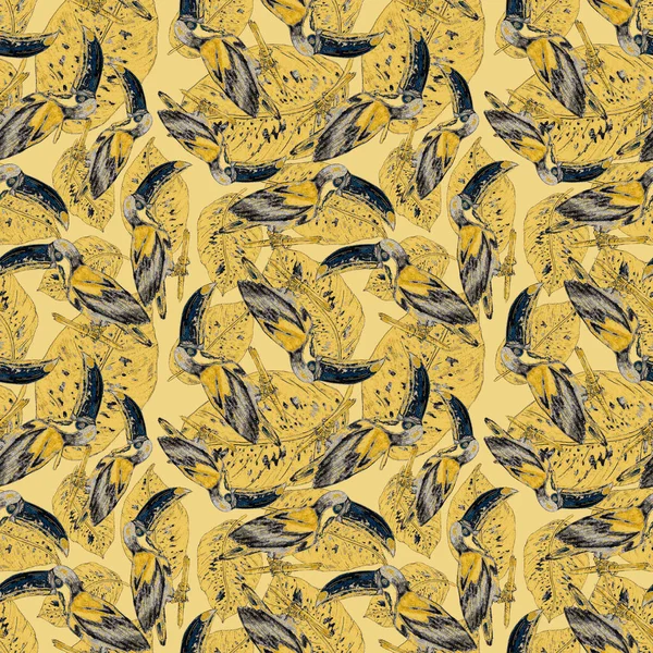 Bezszwowy Wzór Akwarelowy Tukanem Egzotyczne Botaniczne Tapety Dżungli Tropikalnego Ptaka — Zdjęcie stockowe