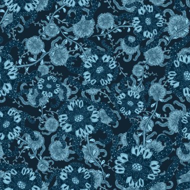 Suluboya desensiz, folky çiçekli ve yapraklı, etnik tarzda. Çiçek süsleme. Geleneksel şal deseni. Tekstil tasarım dokusu. Kabilesel etnik klasik dikişsiz model..