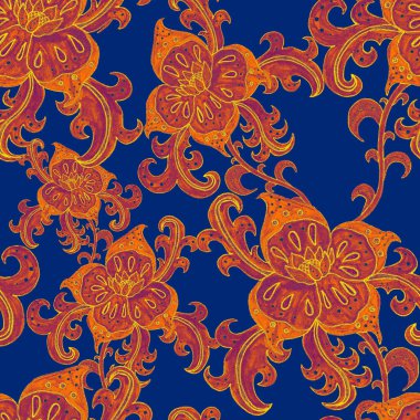 Suluboya desensiz, folky çiçekli ve yapraklı, etnik tarzda. Çiçek süsleme. Geleneksel şal deseni. Tekstil tasarım dokusu. Kabilesel etnik klasik dikişsiz model..