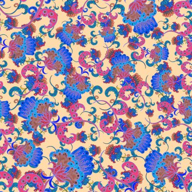 Suluboya desensiz, folky çiçekli ve yapraklı, etnik tarzda. Çiçek süsleme. Geleneksel şal deseni. Tekstil tasarım dokusu. Kabilesel etnik klasik dikişsiz model..