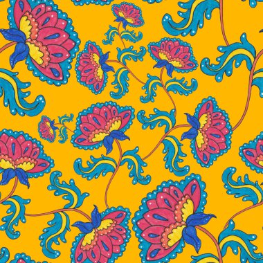 Suluboya desensiz, folky çiçekli ve yapraklı, etnik tarzda. Çiçek süsleme. Geleneksel şal deseni. Tekstil tasarım dokusu. Kabilesel etnik klasik dikişsiz model..