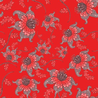 Suluboya desensiz, folky çiçekli ve yapraklı, etnik tarzda. Çiçek süsleme. Geleneksel şal deseni. Tekstil tasarım dokusu. Kabilesel etnik klasik dikişsiz model..