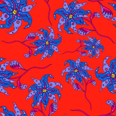 Suluboya desensiz, folky çiçekli ve yapraklı, etnik tarzda. Çiçek süsleme. Geleneksel şal deseni. Tekstil tasarım dokusu. Kabilesel etnik klasik dikişsiz model..